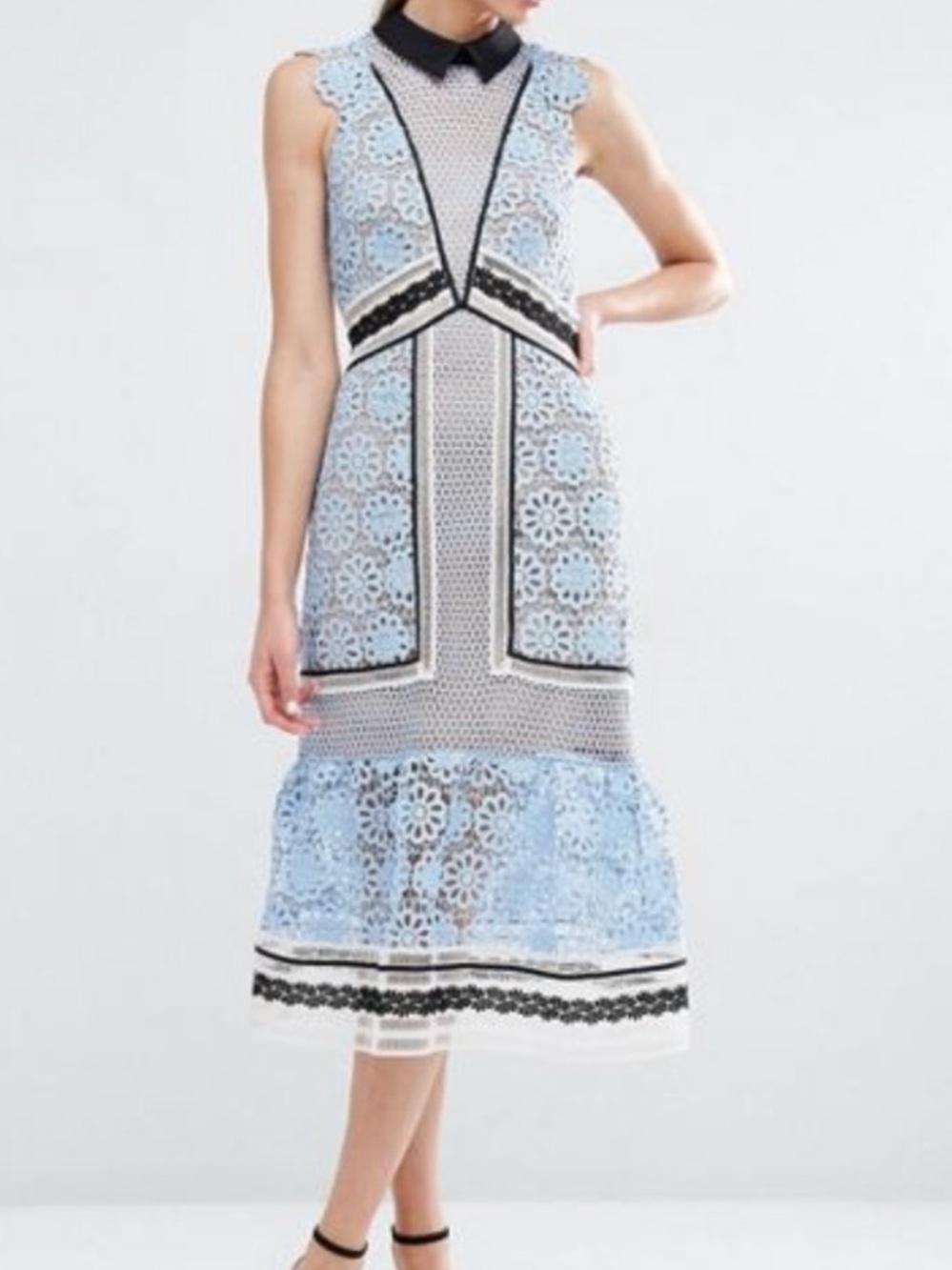 Self portrait Sleeveless Light Blue Floral Lace Midi Dress with Contrast Collar